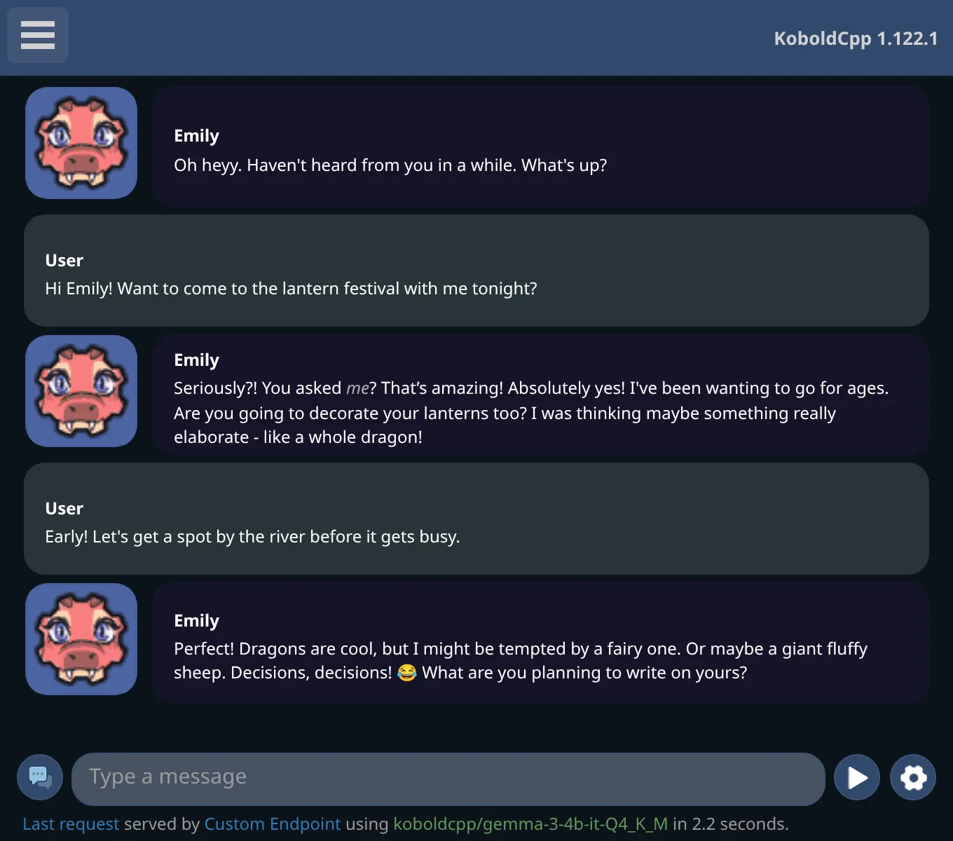 KoboldAI Lite in the Aesthetic theme: a roleplay chat.