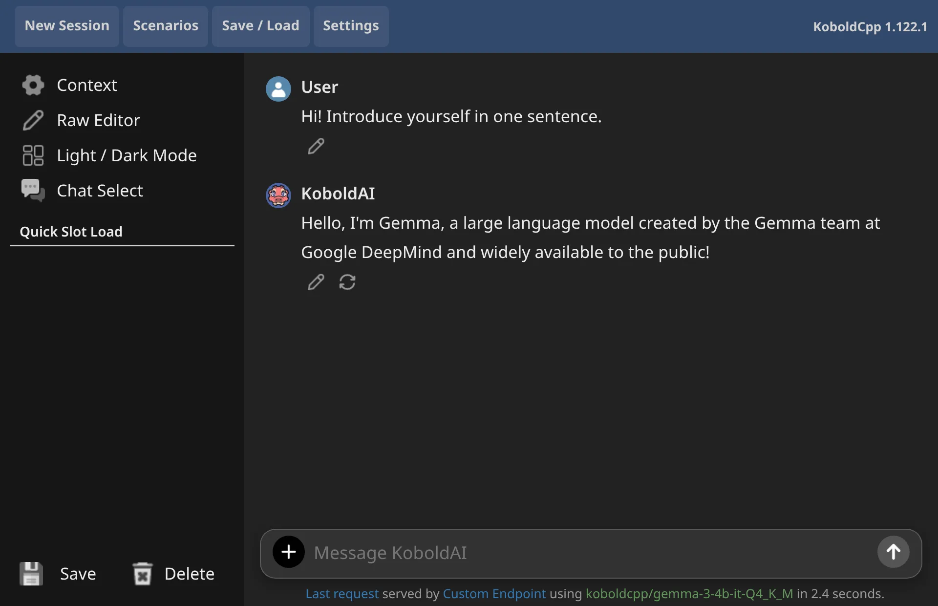 A first message and the model's reply in KoboldAI Lite