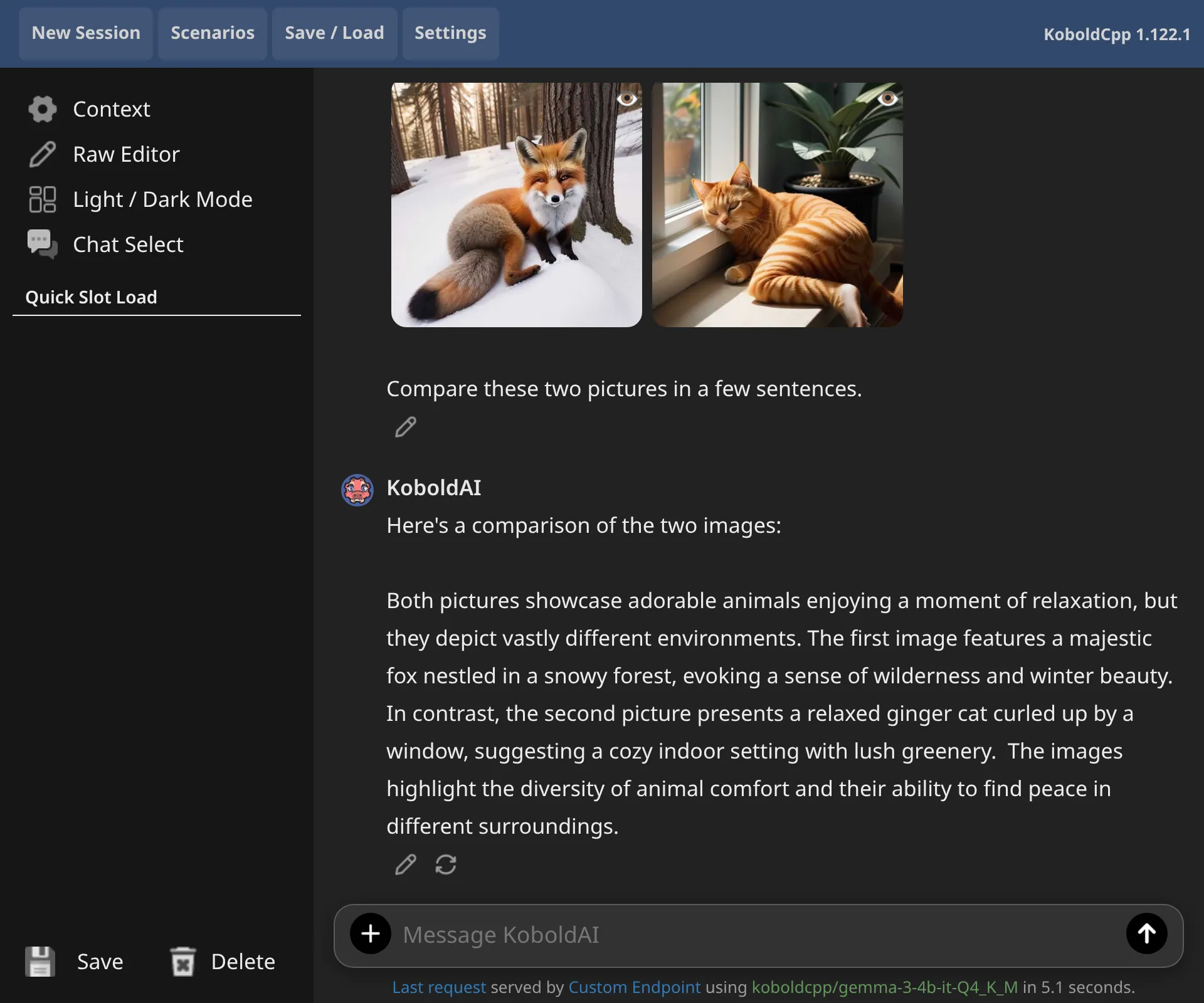 KoboldAI Lite in the Corpo theme: comparing two images with vision.